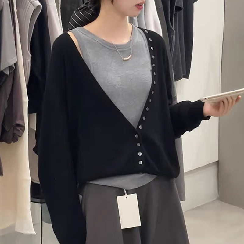 真两件韩系设计感撞色长袖上衣女早秋今年流行高级感宽松短款毛衣|undefined