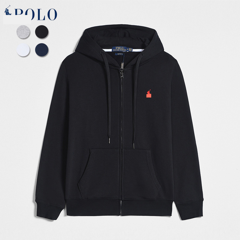 Cotton Spring and Autumn Rl Long-Sleeved Sweatshirt for Men, Casual Solid Color Embroidered Pony Logo Zip-Up Cardigan Sweatshirt
