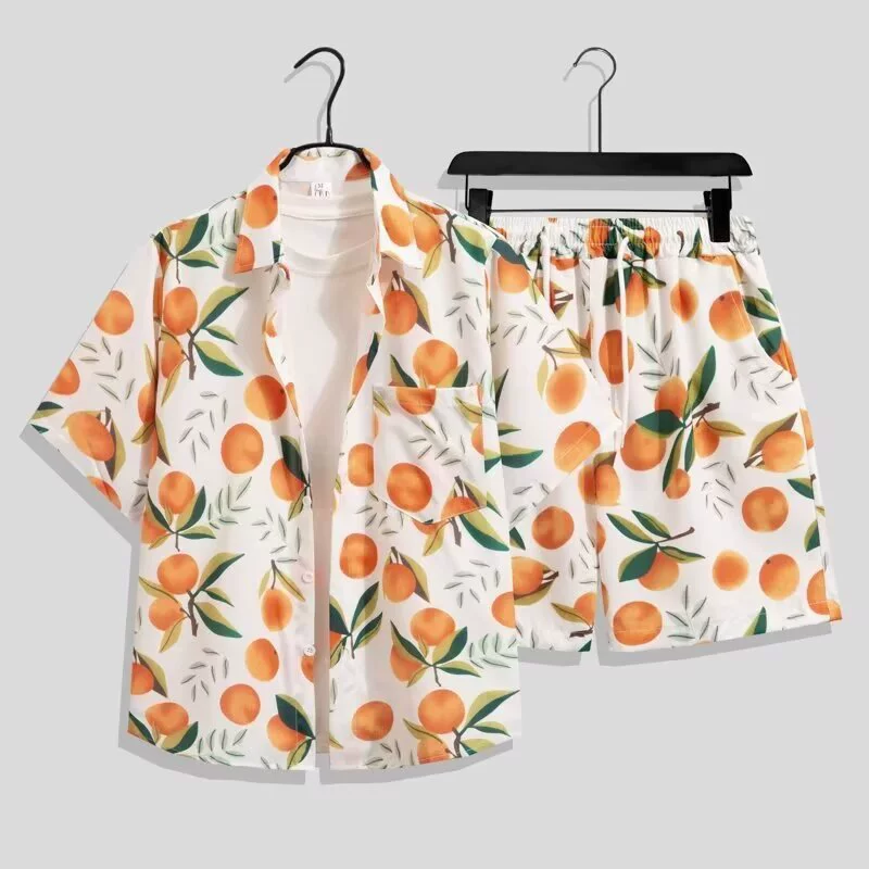 Гавайский приморский набор оранжевых рубашек для мужчин и женщин Летние тонкие сухие пляжные шорты повседневный набор из двух частей