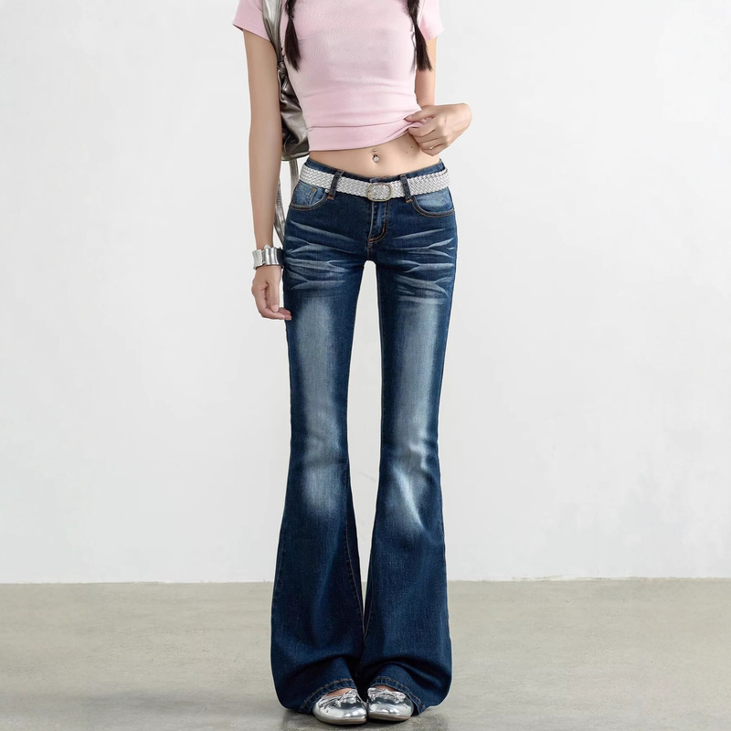 Petite Dark Blue Flared Jeans for Women, American Retro Style, Low Elasticity, Slim Fit, Low Waist, Bell-Bottom Pants