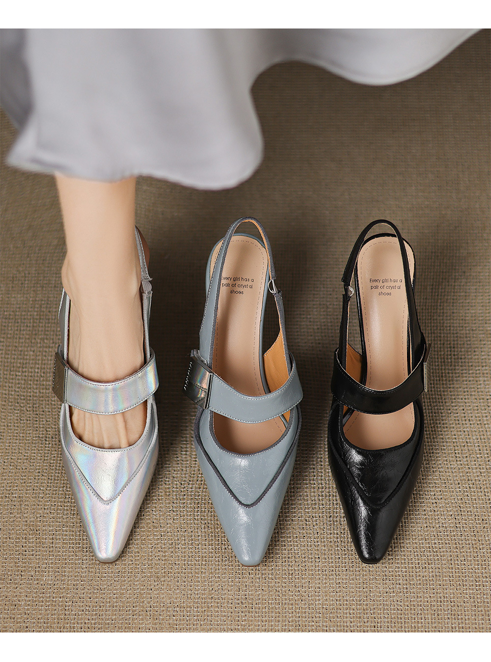 Sandal cao gót nữ mũi nhọn quai một dây, gót nhọn 9 cm, phối váy dự tiệc — màu xanh nhạt, màu đen, bạc chi tiết 15