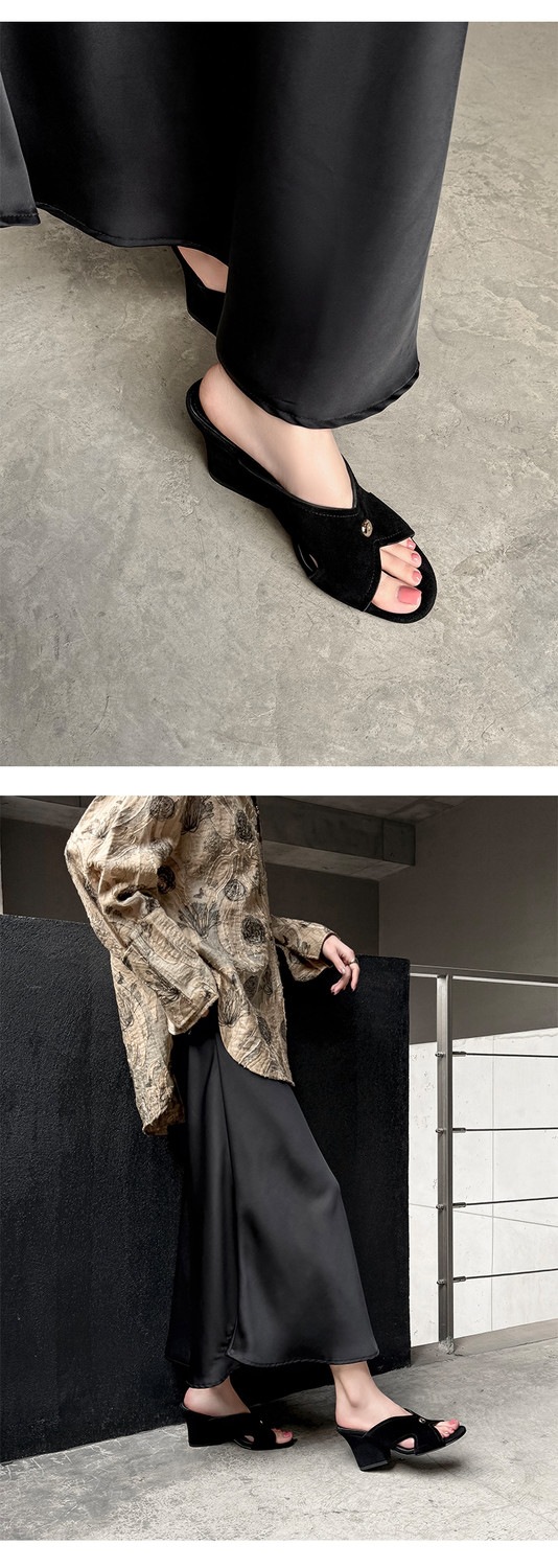 Sandal nữ da cừu hở mũi quai chéo gót xuồng 5 cm — màu nâu, Trang chủ, màu đen chi tiết 52