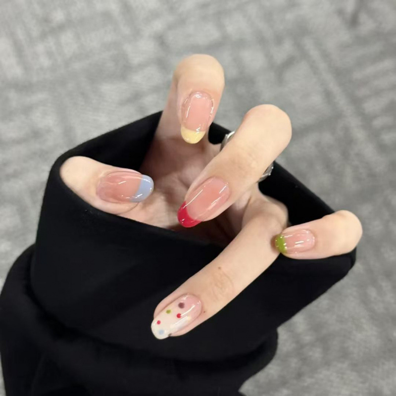 Verano dopamina corta uñas de uñas uñas altas lunares franceses tinte rojo temperamento dulce chica caliente estudiante