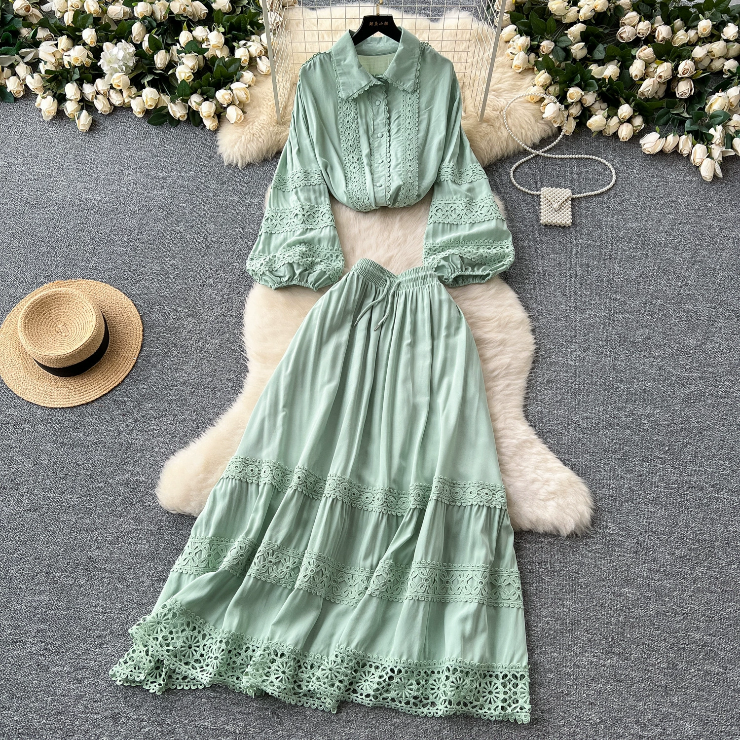 Французский ретро свободный лацканный воротник с рукавами фонаря кружева сшитый топ женская юбка с высокой талией и большой камуфляж