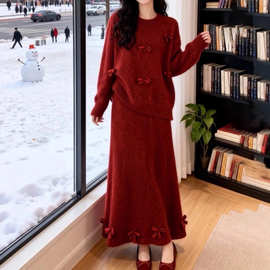 红色漂亮冬装一整套女2025新款慵懒风洋气减龄套头毛衣半身裙套装