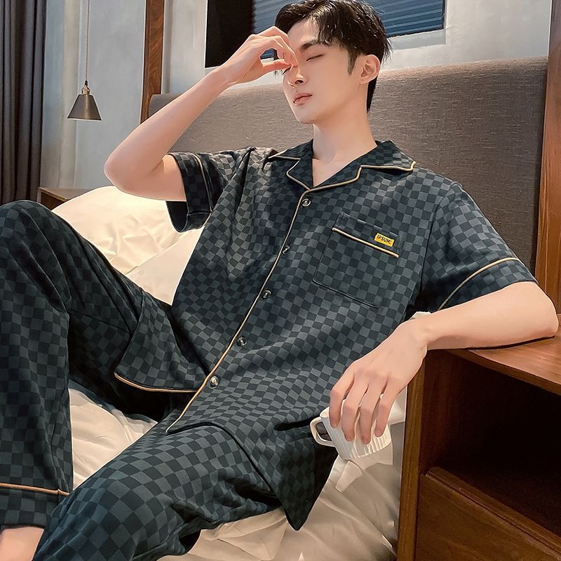 Pajamas de algodón para hombres coreanos, pantalones largos de mangas cortas de verano, ropa delgada para hombres, set de ropa exterior