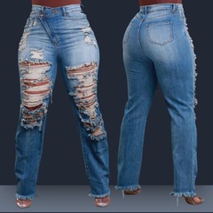 LD2270秋冬の新型欧米の婦人服アマゾンの直筒の個性的な腰の弾力性はフリンジジーンズを切ります。