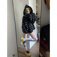 美式复古慵懒风满印花连帽开衫卫衣女春秋款宽松休闲情侣拉链外套