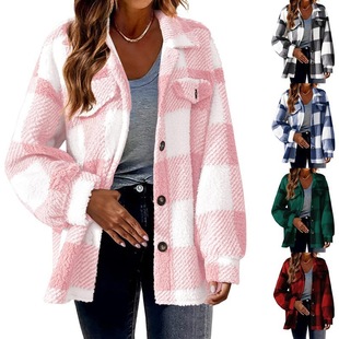 Cross-border Women's 2025 New Amazon Autumn and Winter Pocket Plaid Lambskin Jacket Button Plush Jacket