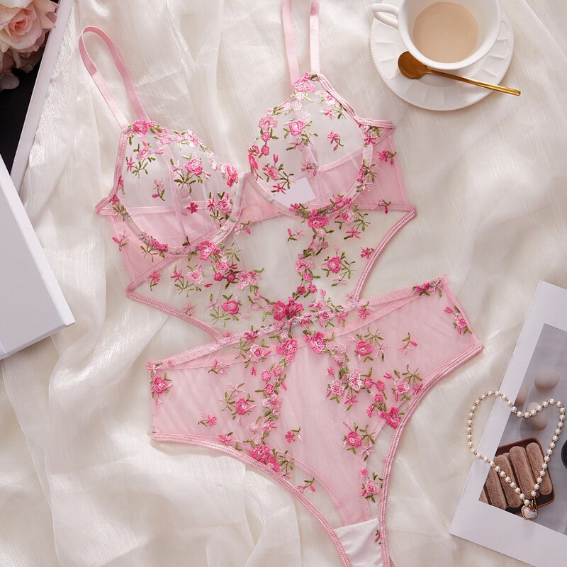 Cross-Border Foreign Trade European and American Sexy Bodysuit Mesh Flower Embroidery Hollow See-Through Push-Up Bra Sexy Jumpsuit Cross-Border Foreign Trade European and American Sexy Bodysuit Mesh Flower Embroidery Hollow See-Through Push-Up Bra Sexy Jumpsuit