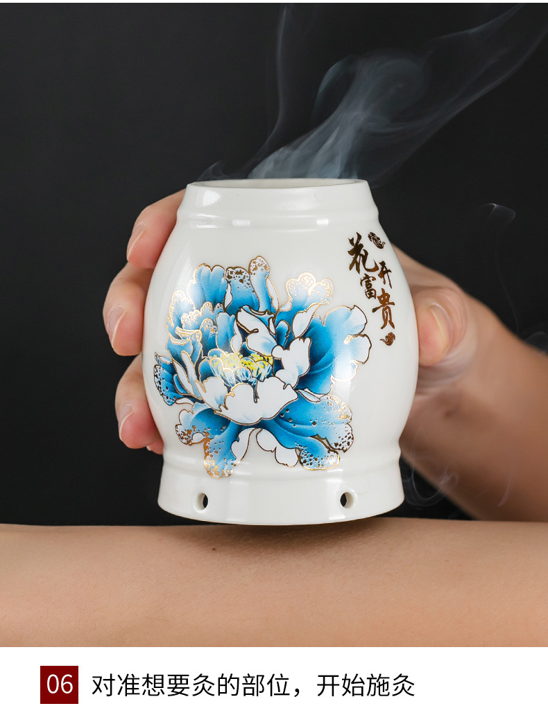 Ceramic Moxibustion Jar Multi-Purpose Home Facial Moxa Box with Steel Mesh and Cloth Cover for Warming Therapy specifications