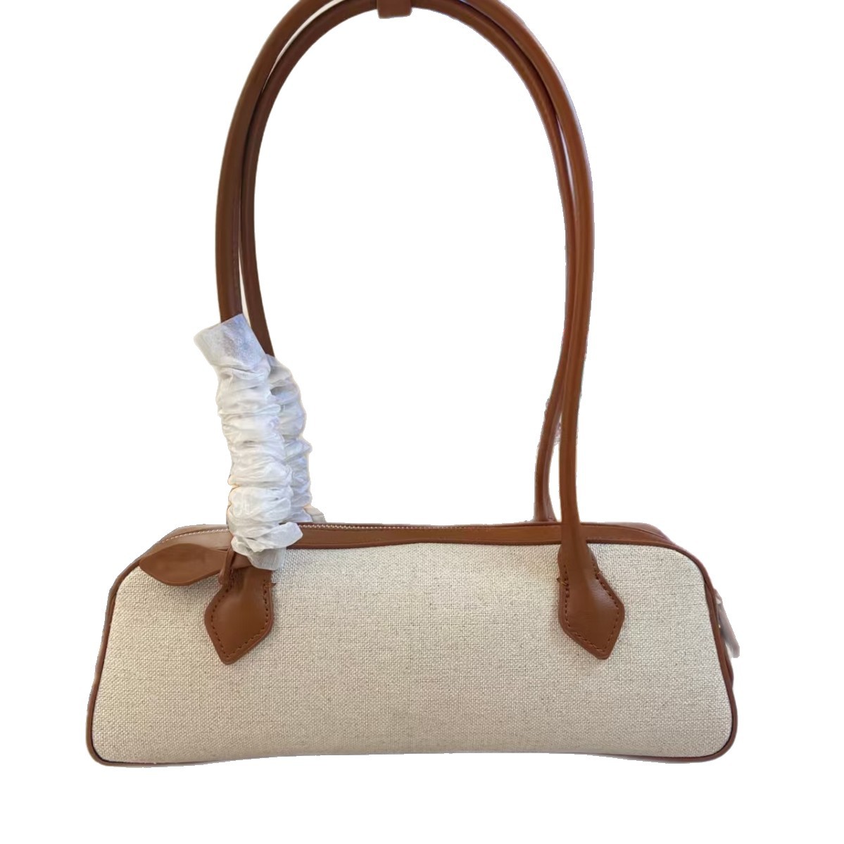 Fabric And Leather French Niche Baguette Bag Retro Underarm Bag Women's Handbag Versatile Shoulder Bag For Commuting - Thumbnail 5