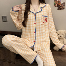 德绒睡衣女秋冬季新款韩系甜美格子贝壳边开衫长袖保暖家居服套装