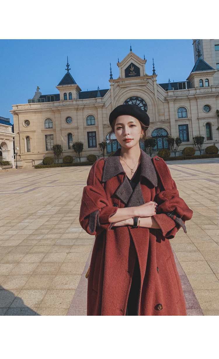 Women's Long Woolen Coat Brick Red Hepburn Style Winter Overcoat_voghion.com