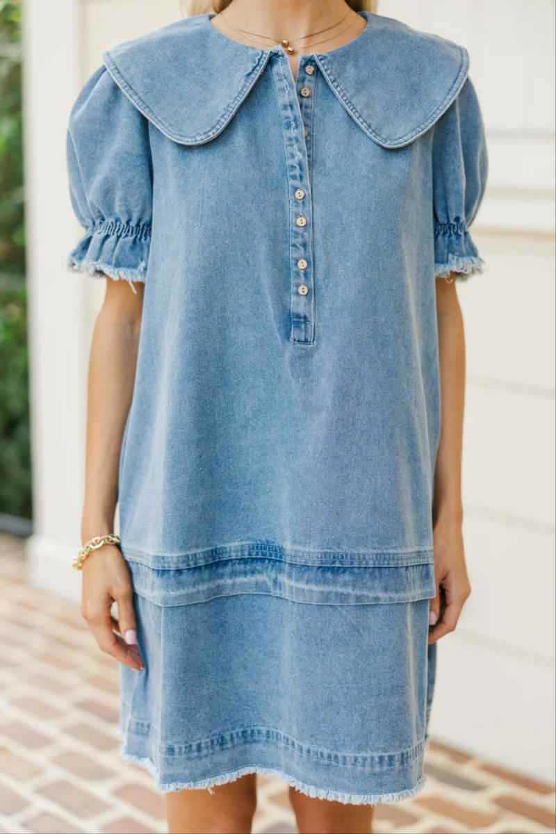 Women's Summer Denim Dress New Arrival Lapel Loose Ruffle Style_ecoleips.com