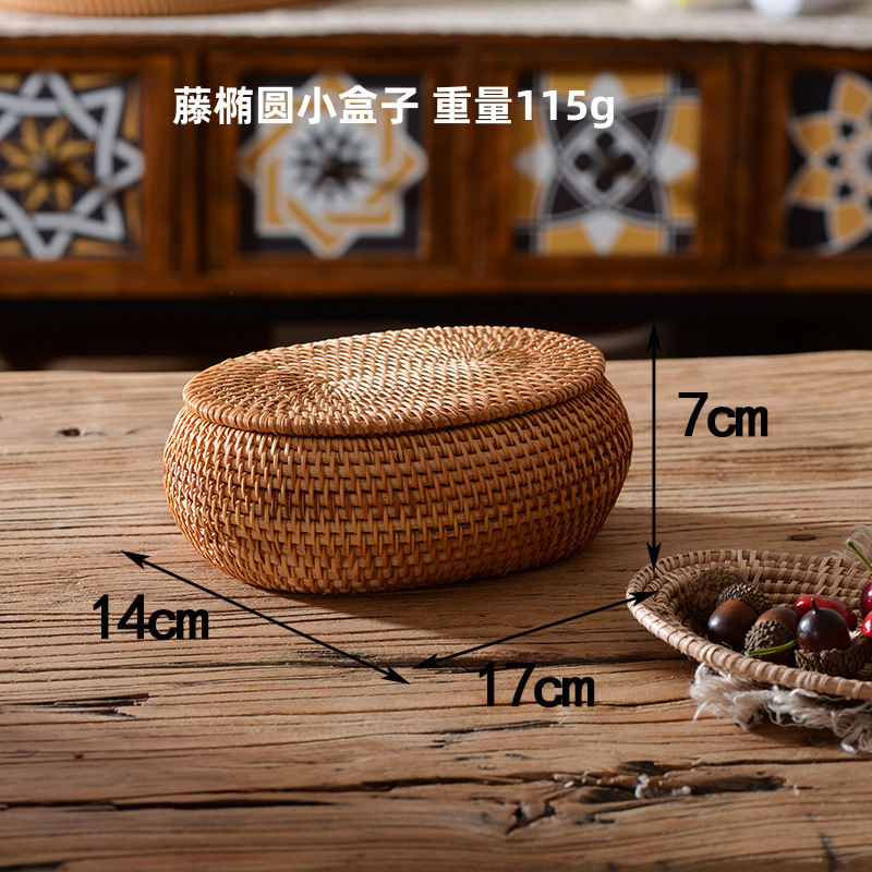 韓国秋藤編み円形茶卓雑物リモコン現代デスクトップ装飾品整理蓋付き収納ケース