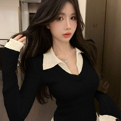College holiday two-piece polo-neck sweater for women in autumn and winter want v-neck top, base shirt and twist sweater inside