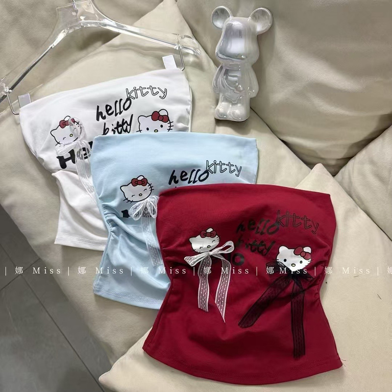 Kitty Cat Print Bow Sleeveless Tube Top Women's Summer Slim Hot Girl Backless Short Top for Outer Wear