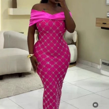 欧美跨境新款时尚一字肩奢华菱形格烫钻名媛气质绷带连衣裙晚礼服