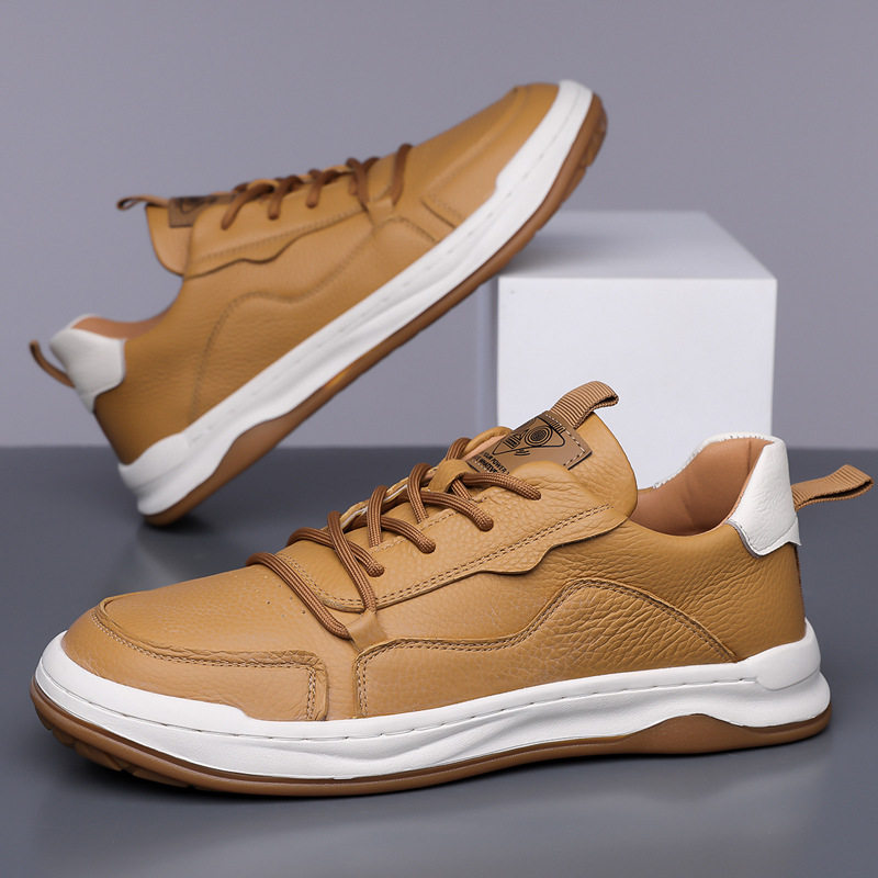 Giày thể thao nam da bò lớp đầu thoáng khí đơn giản, giày sneaker trắng thời trang — Q8058 màu đen, q 8058m trắng, q8058 màu vàng nâu
