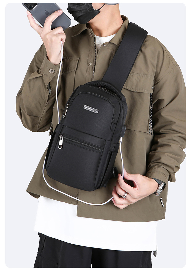 Men's chest bag, cross-border water-resistant crossbody bag, trendy casual single-shoulder backpack, USB rechargeable multi-functional men's bag Item Picture