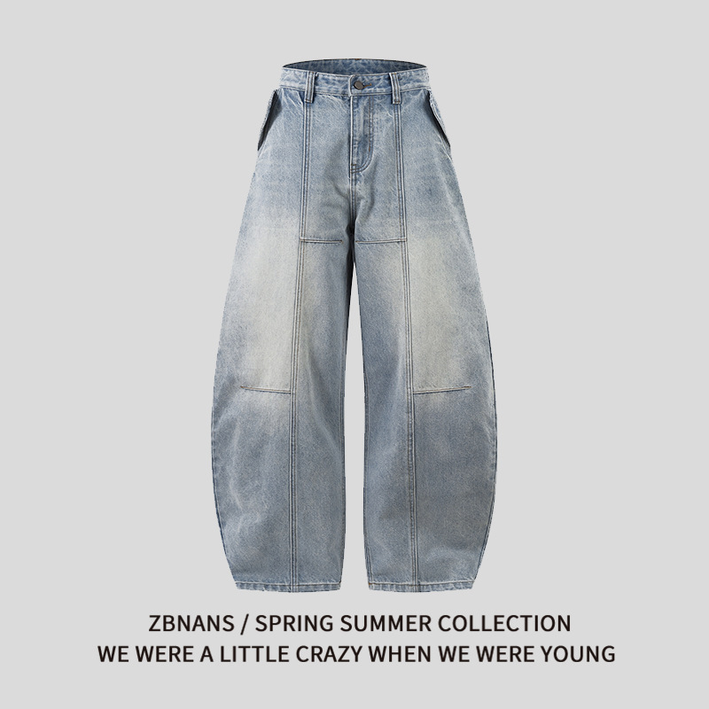 American Retro Washed Cuffed Bamboo Splicing Scimitar Jeans Unisex Wide-Leg Slimming Loose Casual Long Pants