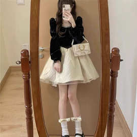 法式赫本风黑色长袖连衣裙女秋冬小个子富家千金公主蓬蓬礼服短裙