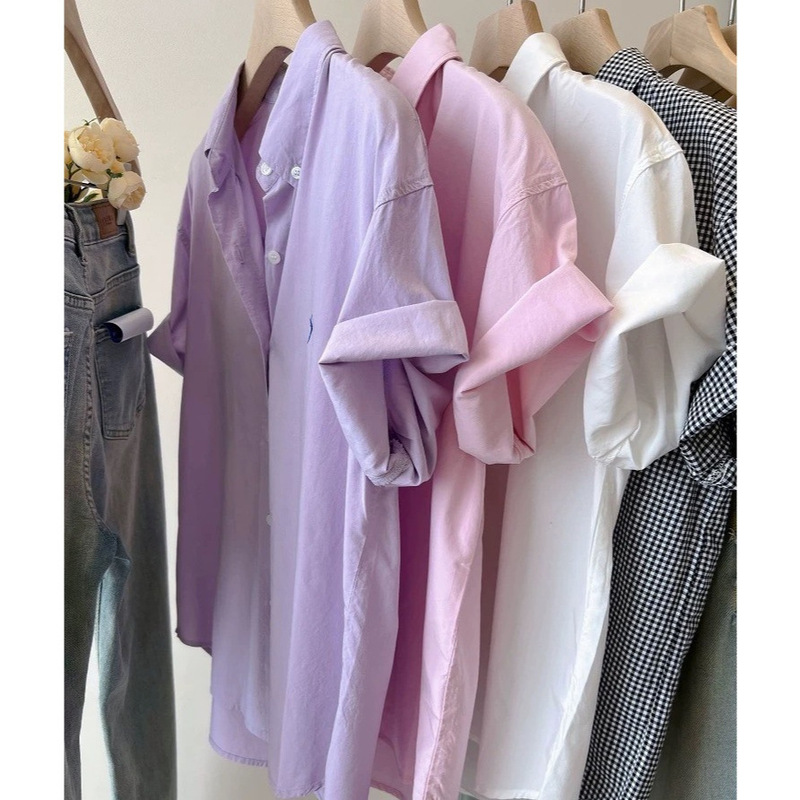 recommend 100 Cotton Pony Embroidered Soft Cotton Lapel Loose All-match Age-reducing Short-sleeved Shirt for Women Spring and Summer