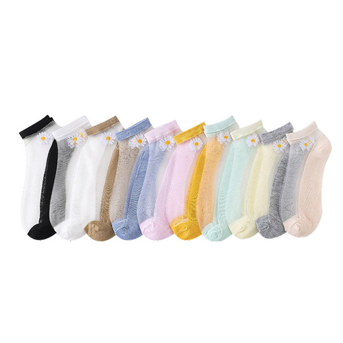 Summer new product Internet celebrity Daisy Glass Silk Thin Socks Transparent Crystal Silk Socks Women's Color Blocking Boat Socks