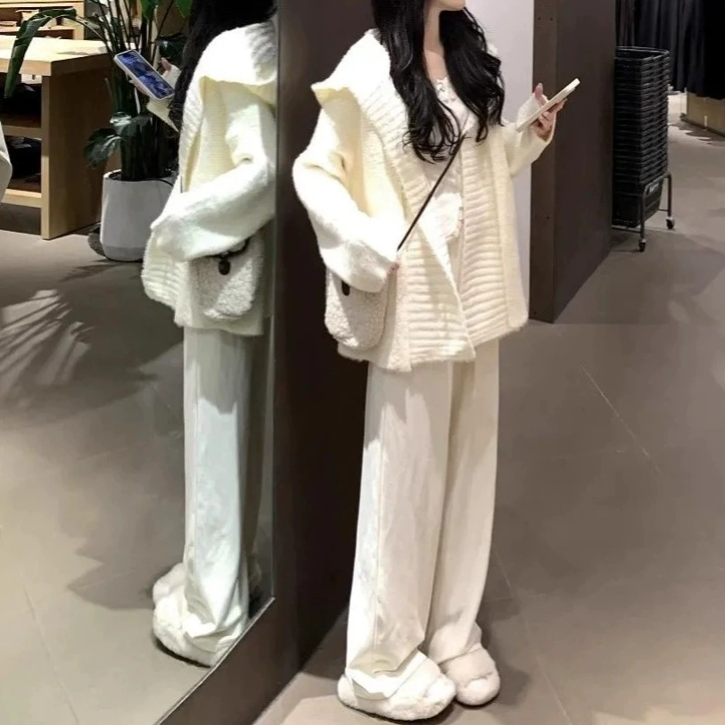 Французский нежный белый свитер с капюшоном с лацканой куртка женский осень и зима ленивый маленький мужчина длинный вязаный кардиган