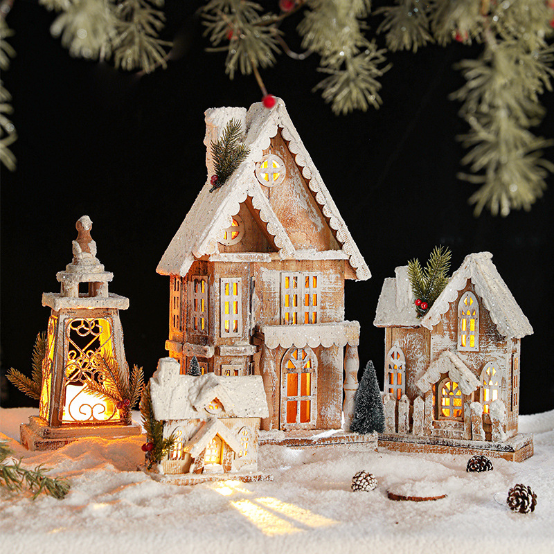 Navidad madera luminosa nieve paisaje casa de nieve decoración de cabaña europea retro madera pequeña casa de nieve