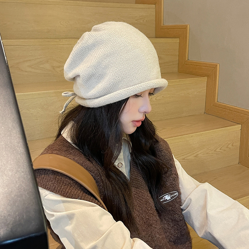 New Stacking Hat For Japanese Women, Small Face Display, Cold Cap, Big Head, Drawstring, Curled Edge, Knitted Yarn Hat_voghion.com