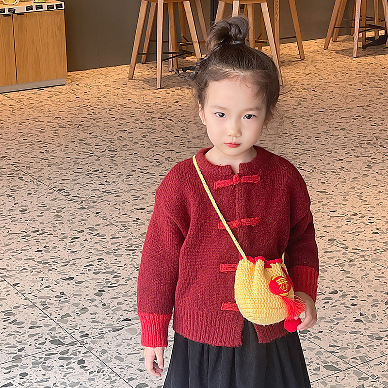 Bolsas de felicitación de Año Nuevo para niños, bolsas de cambio de gancho hechas a mano, nuevos bolsos de cuerda de dibujo, bonitos niños, sobre rojo