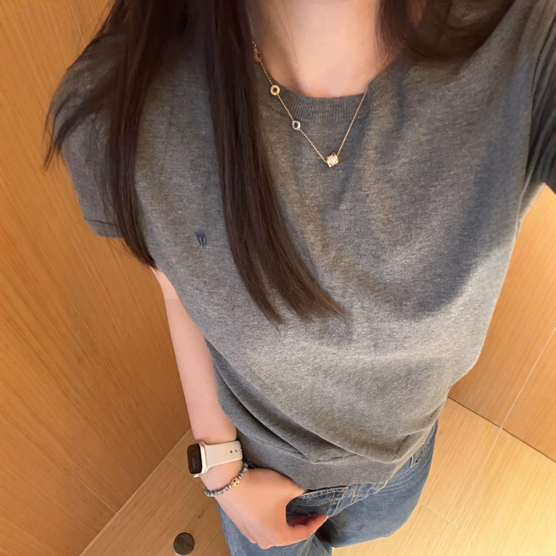 Rl Ralph Lauren Summer Style Core-Spun Yarn Breathable Embroidered Round-Neck Women's Short-Sleeve T-Shirt Knit Top