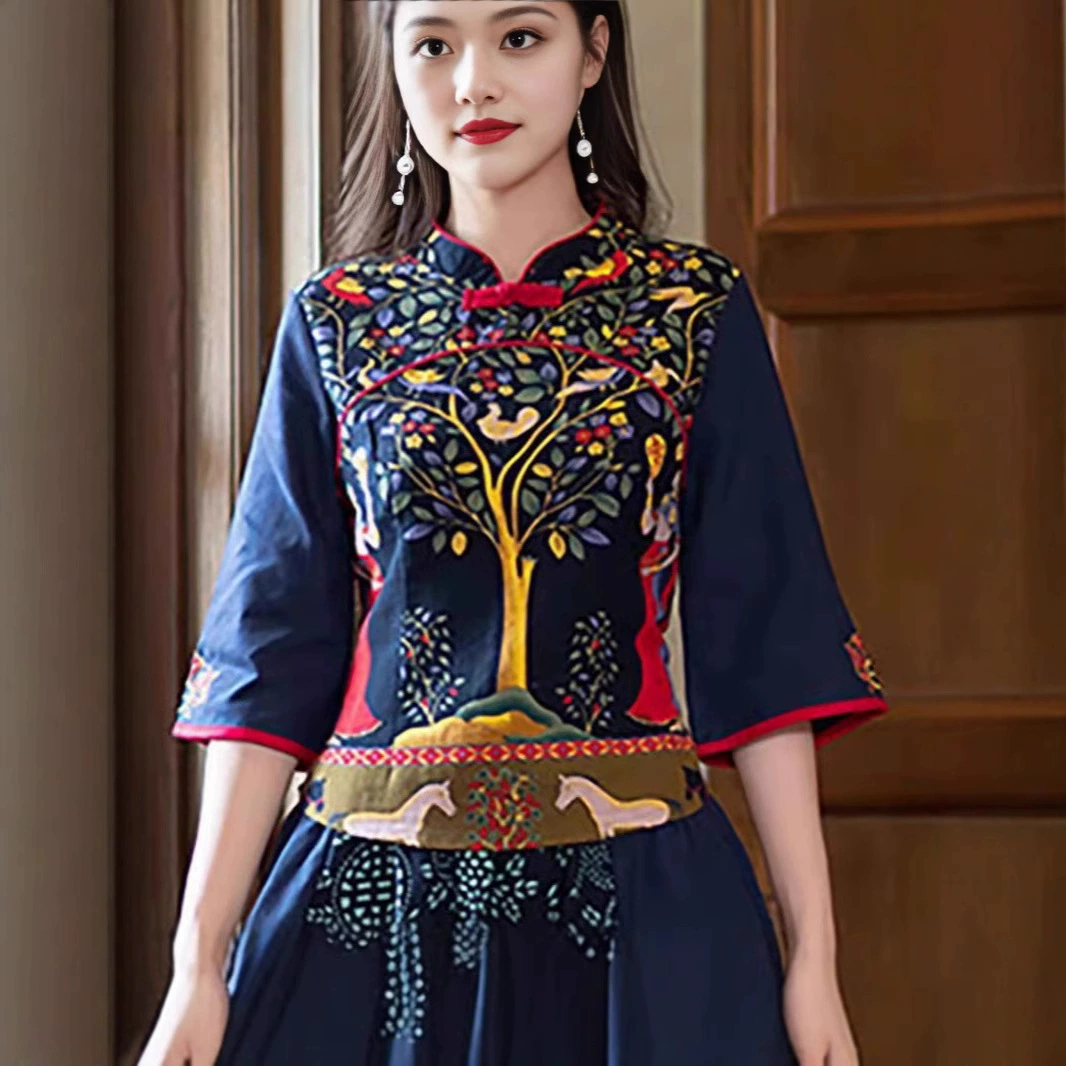 Набор из двух частей национального стиля национальный костюм Tang костюм большой размер женский воротник новый китайский костюм юбка для бюстов оптом