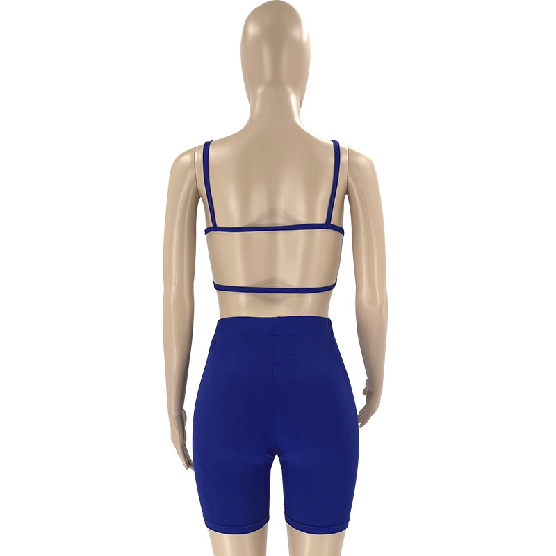 Summer Solid Color Sexy Sling Backless Top Women Clothing Sports Shorts Suit