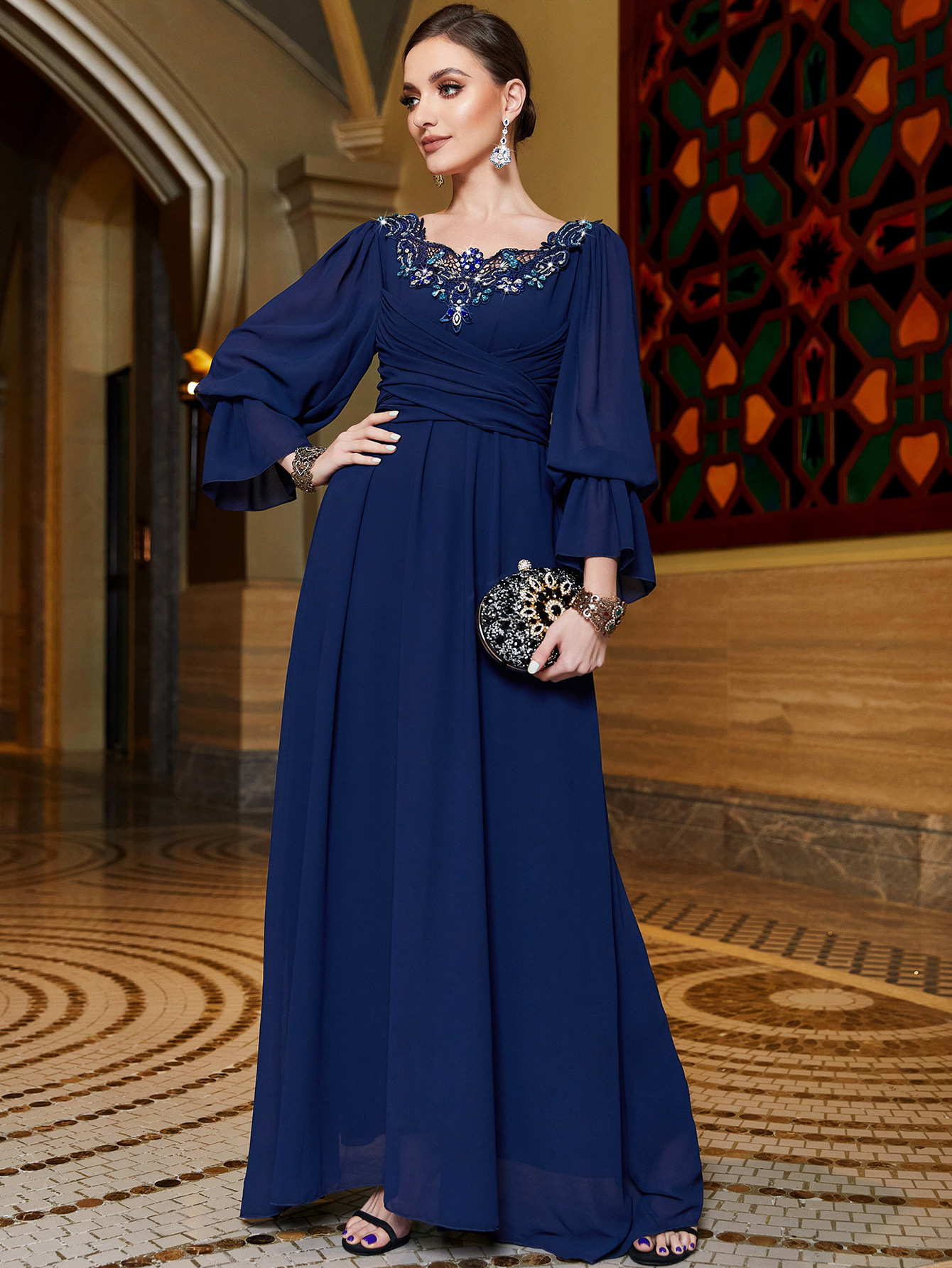 blue shiffon lace evening dress
