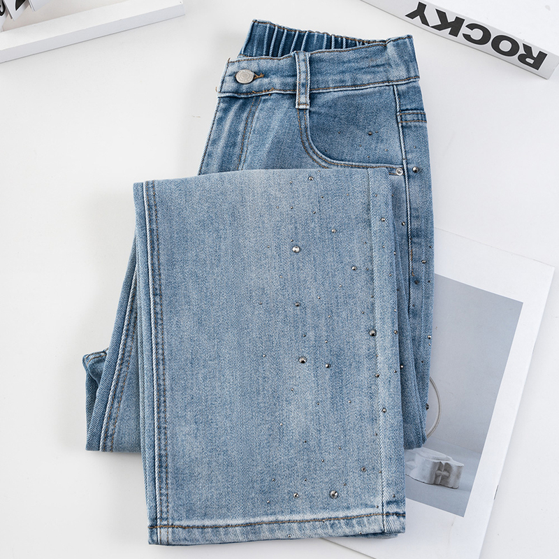 Plus-Size Women's Jeans with Rhinestones, 2026 Spring New Style, for Curvy Women, Semi-Elastic Waist, Slimming, Stretchy Straight-Leg Pants Plus-Size Women's Jeans with Rhinestones, 2026 Spring New Style, for Curvy Women, Semi-Elastic Waist, Slimming, Stretchy Straight-Leg Pants