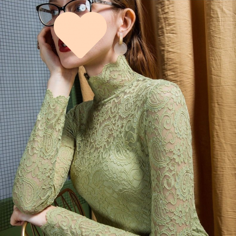 加绒/不加绒秋冬新款蕾丝打底衫女高领长袖洋气内搭纯色修身上衣|undefined