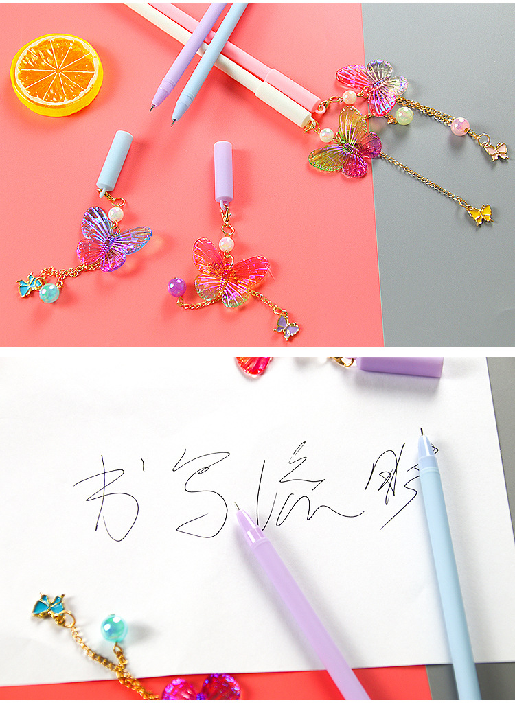 Good-looking Colorful Butterfly Hanging Pen Gold-plated Chain Pearl Accessories Pendant Gel Pen Cute Stationery Student Ball Pen display picture 2