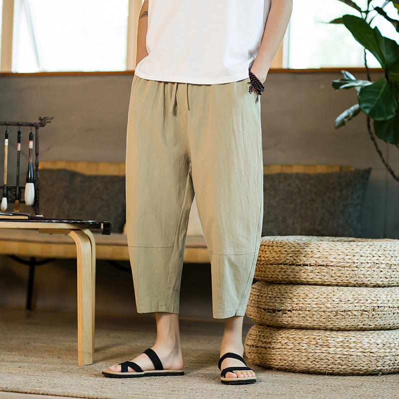 Cropped pants men's summer thin loose linen pants casual sports pants straight wide-leg pants Chinese style cotton and linen pants
