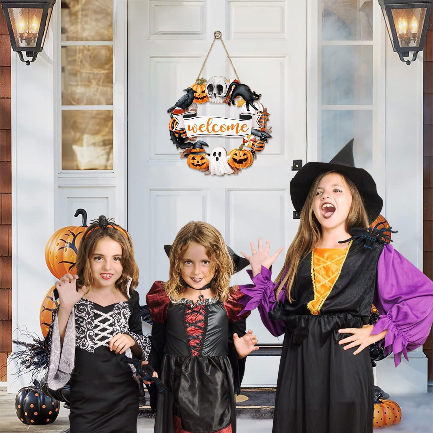 Cross-border Halloween corona de madera fantasma gato negro calabaza esqueleto puerta lista decoración fiesta de Halloween suministros de bienvenida