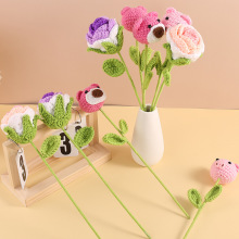 手织玫瑰花毛线编织花束创意仿真花动物花成品送女友生日礼物摆件