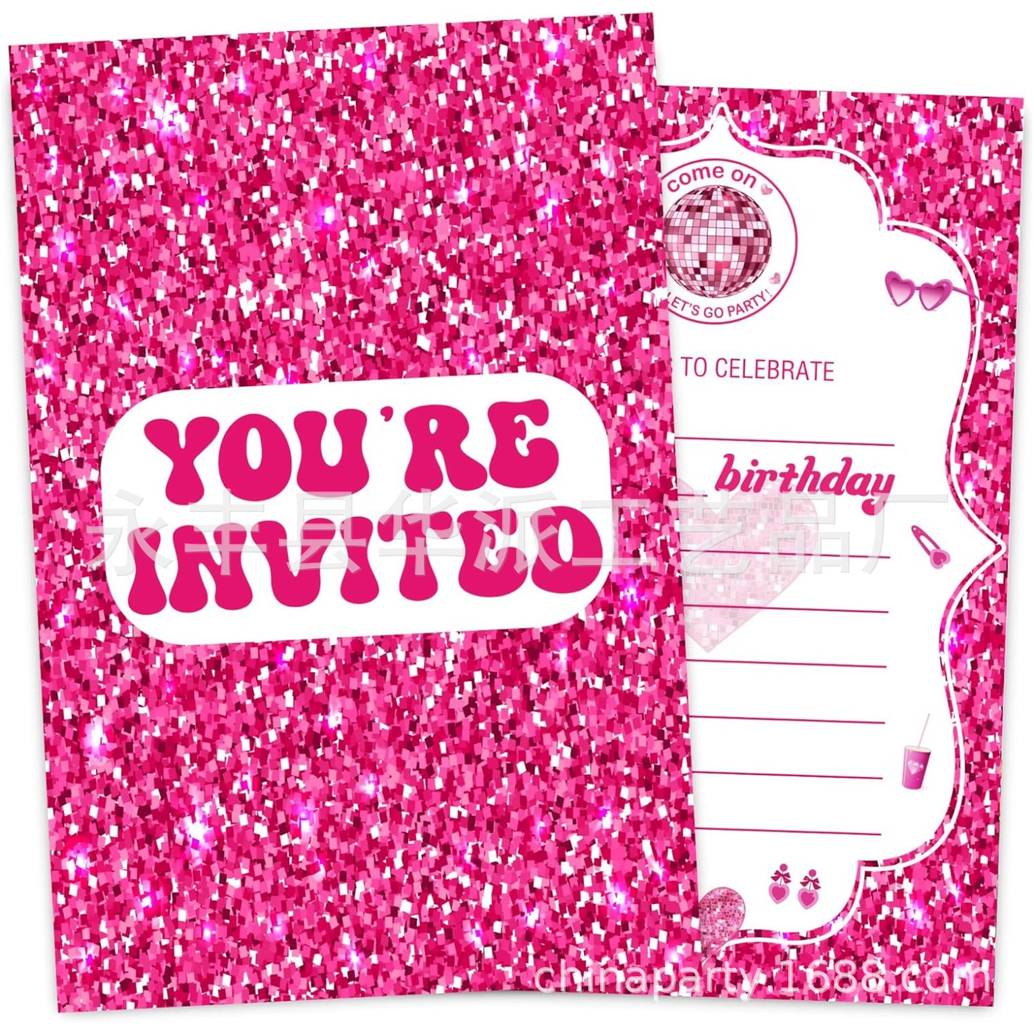 Пригласительная открытка на день рождения для девочки с розовыми блестками и конвертом