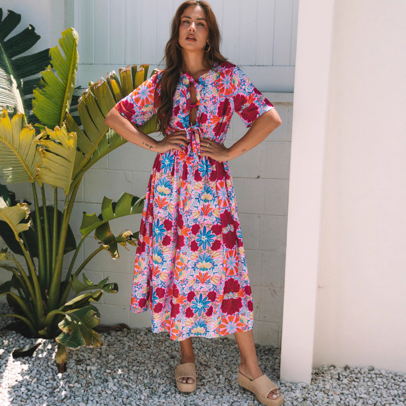 Vintage Print Dress for Women, Loose High-Waisted Fashion Short-Sleeve Long Dress, New European and American Cross-Border Women's Fashion Vintage Print Dress for Women, Loose High-Waisted Fashion Short-Sleeve Long Dress, New European and American Cross-Border Women's Fashion