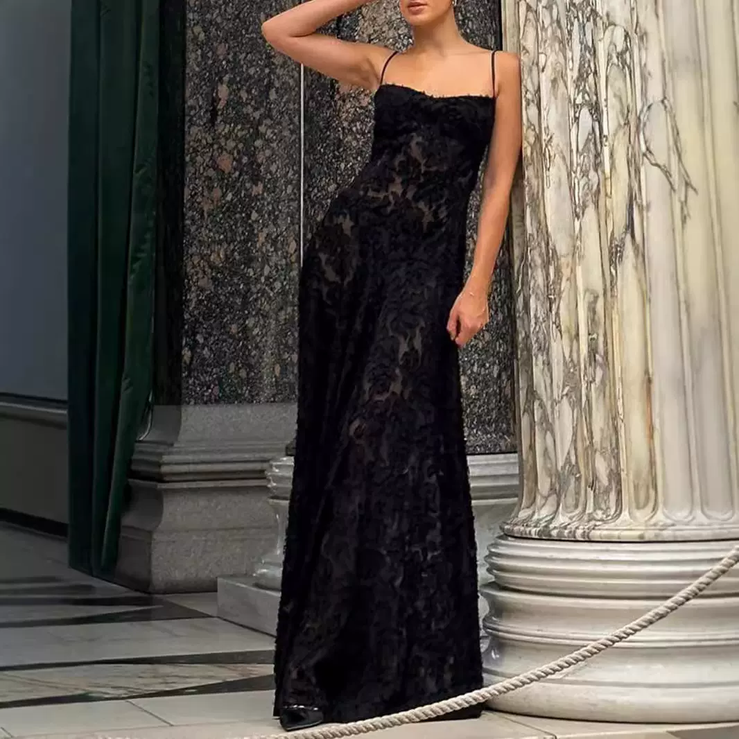 欧美女装新款sexy dress黑色透视吊带裙性感露背连衣裙长裙晚礼服