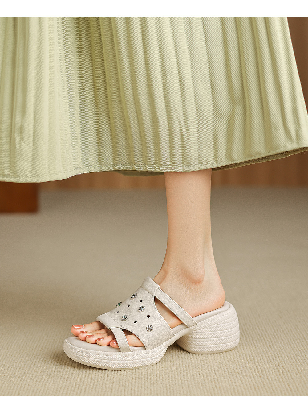 Sandal cao gót nữ hở mũi phong cách hoa, gót 6 cm — màu trắng ngà chi tiết 9
