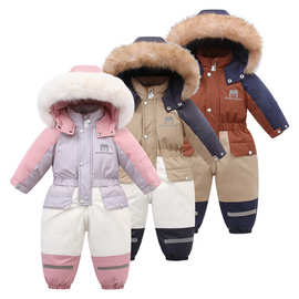 跨境拼色连帽加绒加厚滑雪服儿童连体衣2024冬季新款宝宝爬服