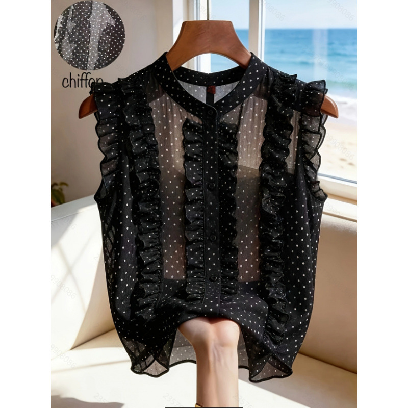 Women's New Summer Fashion Elegant Stand-Up Collar Polka Dot Print Sleeveless See-Through Shirt Suitable for Office Commuting Women's New Summer Fashion Elegant Stand-Up Collar Polka Dot Print Sleeveless See-Through Shirt Suitable for Office Commuting