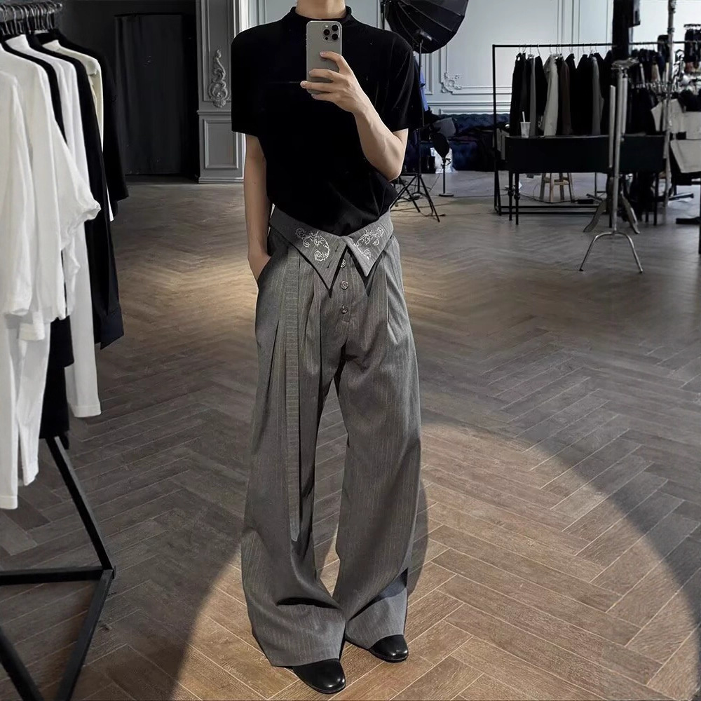 Striped Jodo Residual Heart Men's Pleated Embroidered Gray Flared Straight Casual Wide-Leg Pants
